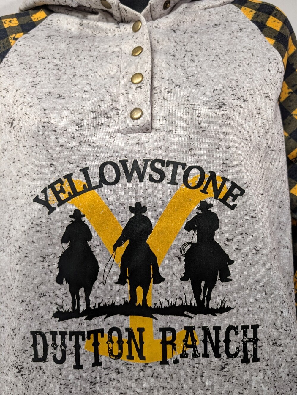 Yellowstone Dutton Ranch Hoodie Small Plaid Sleeve Gray Henley Pullover - Picture 4 of 6